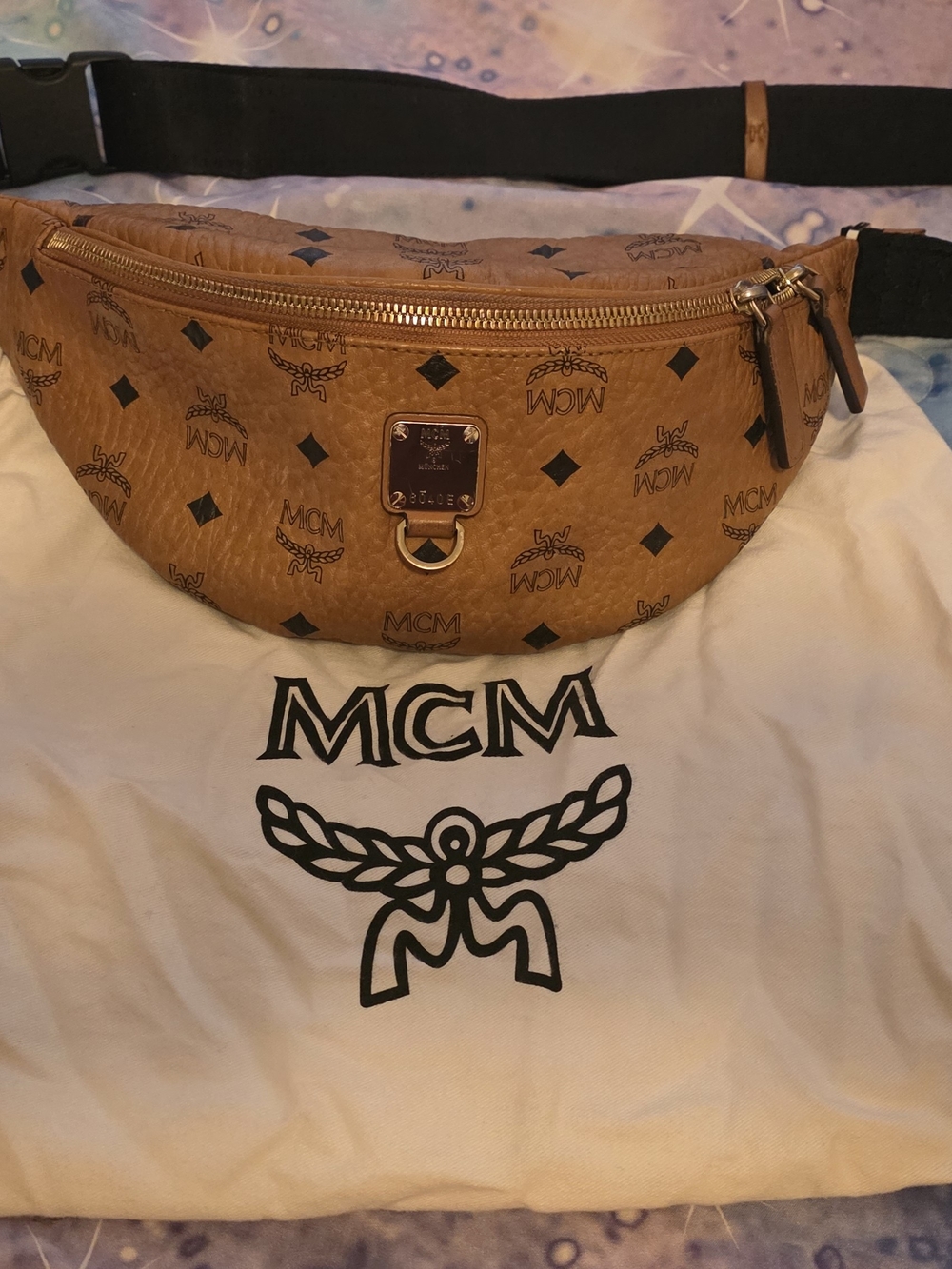 MCM Cognac Logo Visetos Belt Bag with Black Strap With Bag Cover